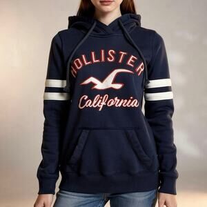 Navy Blue Graphic Logo Hoodie Sweatshirt White Sleeve Stripes XS